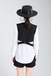 Women Contrasting Color Shirt Vest Two-Piece Set